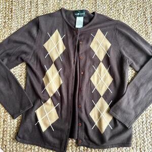 Chocolate brown and tan dark academia argyle cardigan sweater